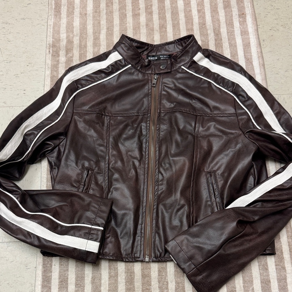 SHEIN Dark Brown Leather Jacket with White Accents Cropped